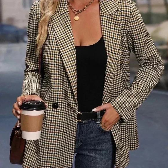Apricot Elegant Women's Plaid Print Double Breasted Blazer - Picture 2 of 5